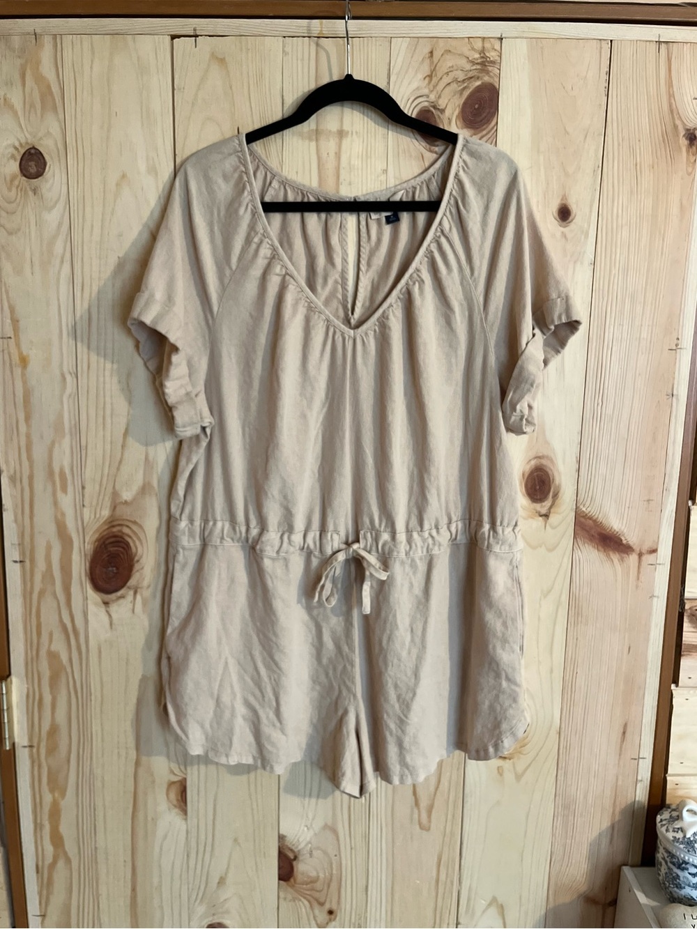 Universal Thread Linen Blend Cream Romper Pockets Functional Drawstring
